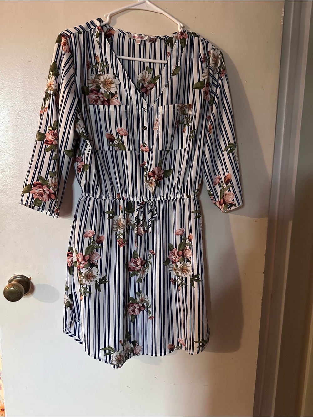 Stella Tweed striped Floral Tie-Waist Shirt Dress - Navy & Pink